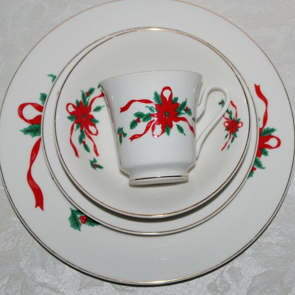 Christmas Poinsettia Dinnerware Set | Holly Berries & Red Ribbon - Picture 1 of 9